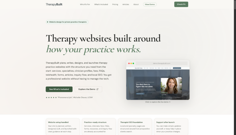 TherapyBuilt homepage showing a calm website framework for private practice therapists and counseling practices