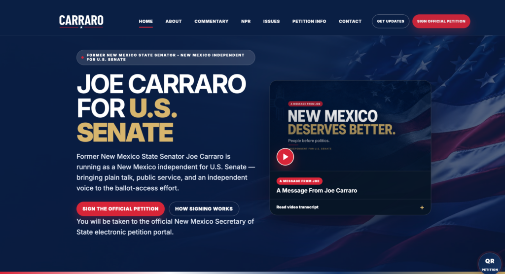 Joe Carraro for U.S. Senate campaign website homepage screenshot