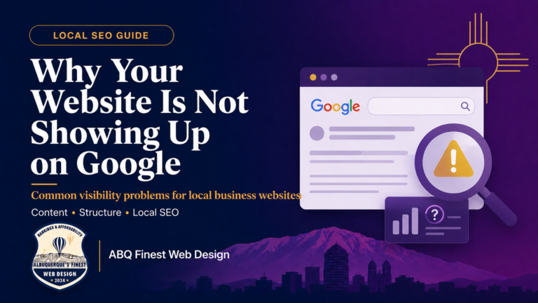 Local SEO guide graphic about why a small business website is not showing up on Google by ABQ Finest Web Design
